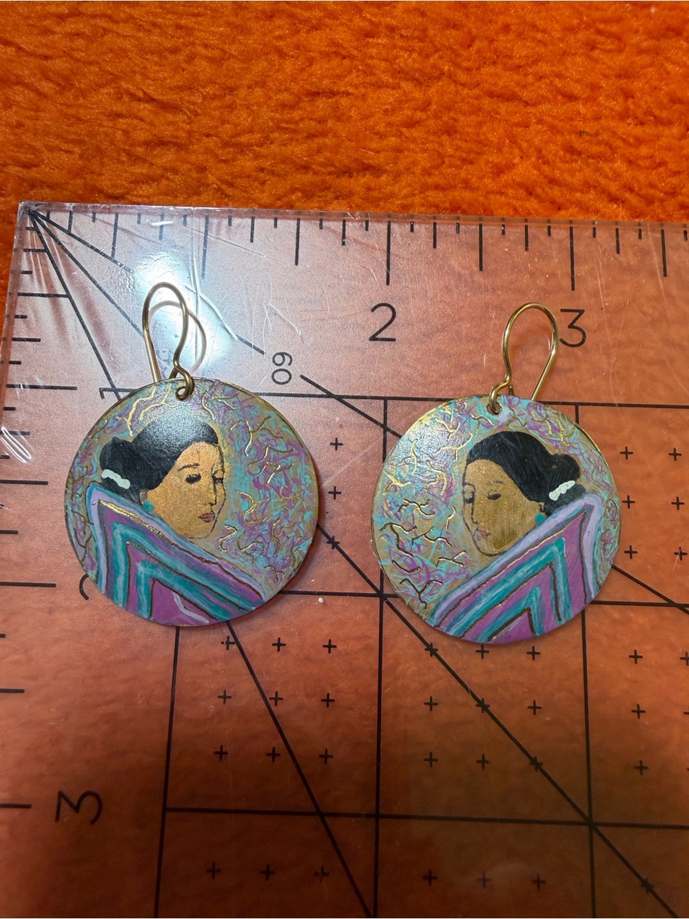 Jerry Hunter After R.C. Gorman Brass Earrings Hand Painted 14K GF Wires EUC